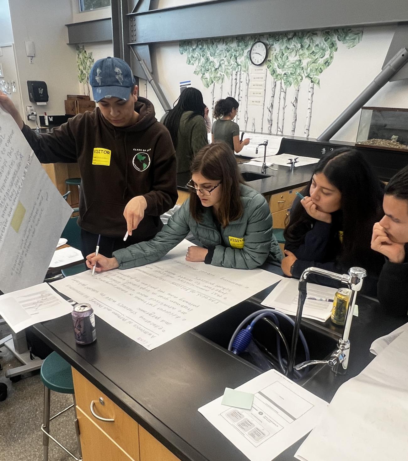 Photo of high school student researchers examining data