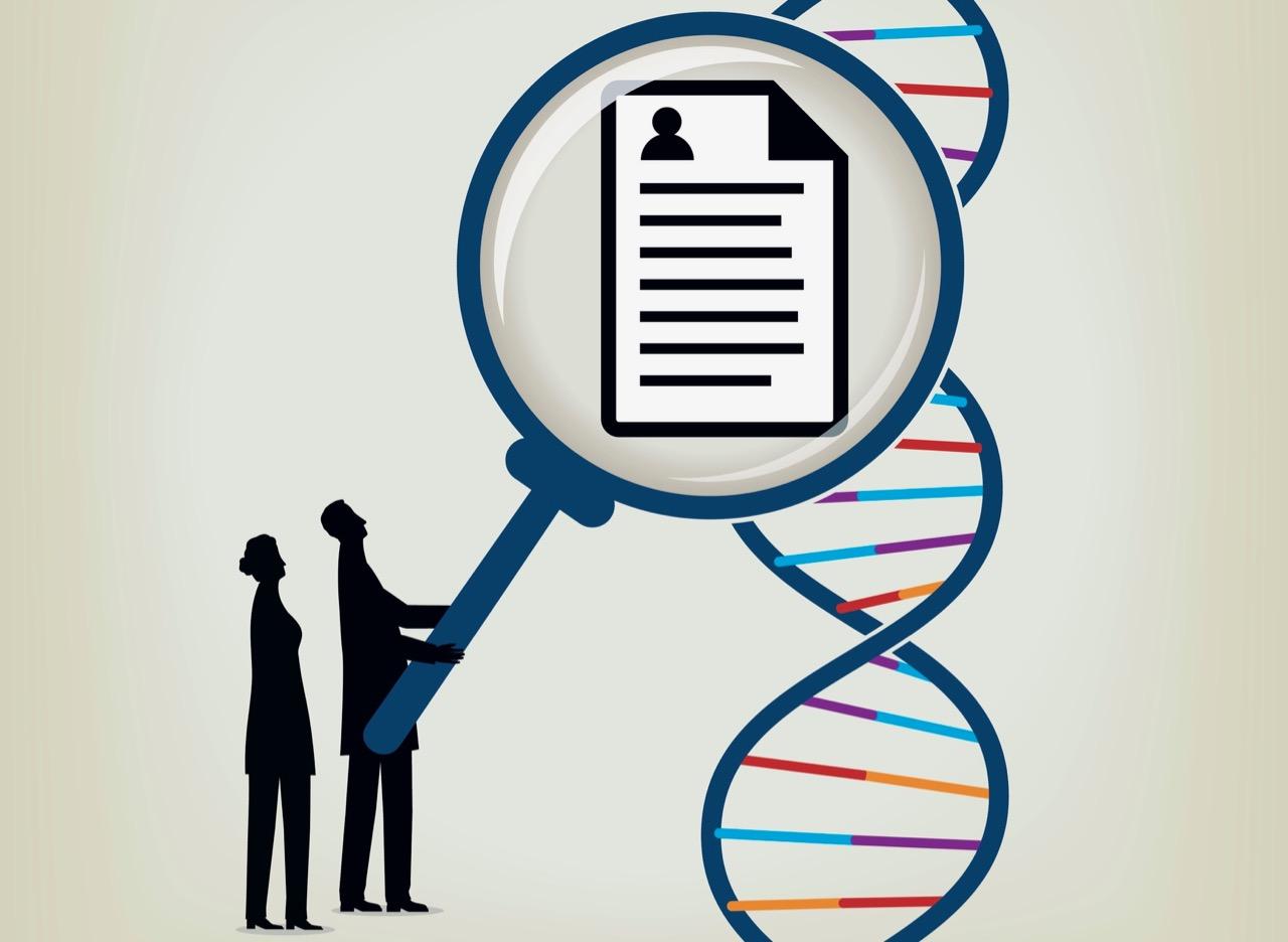 Image of people taking information from a double helix
