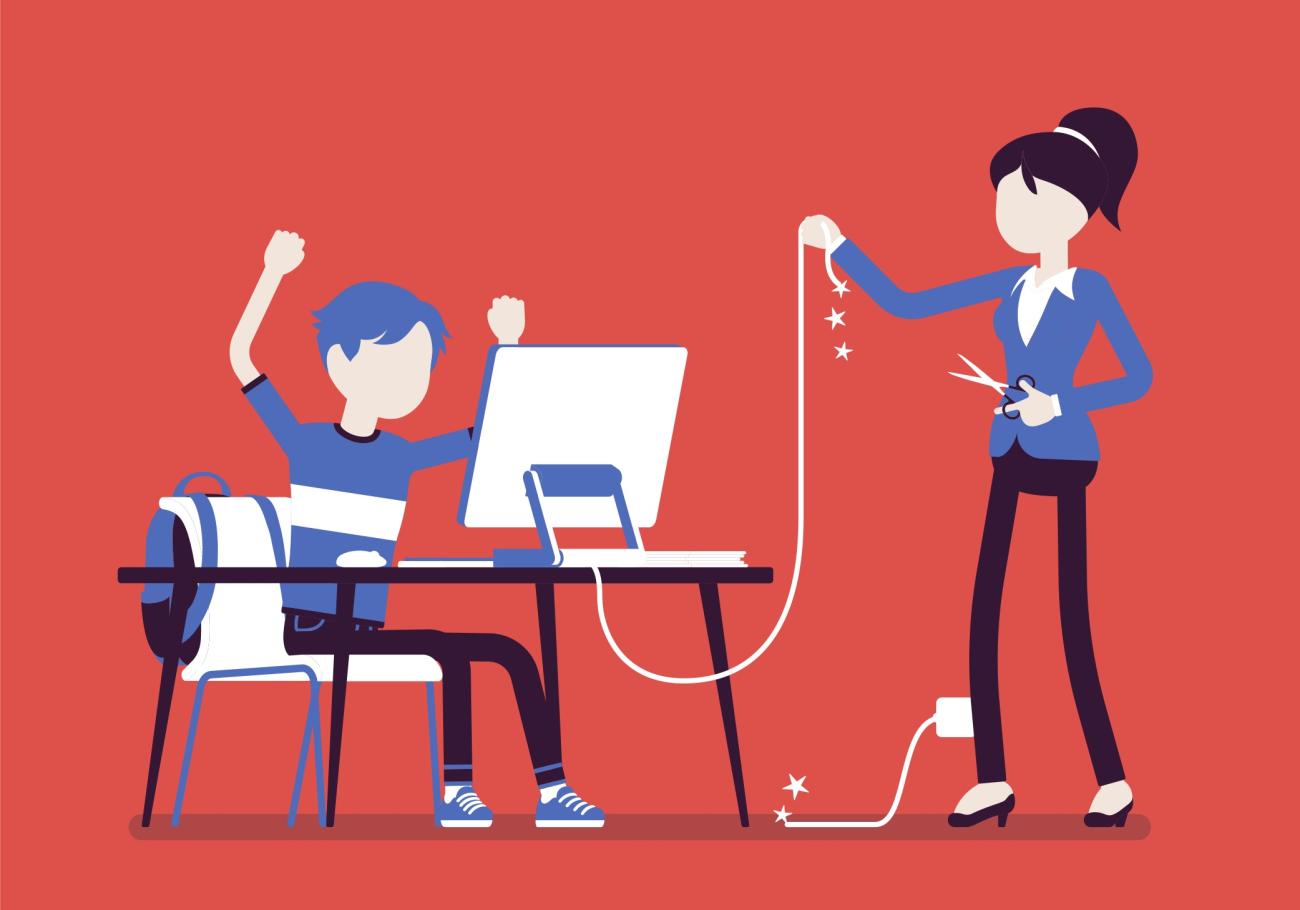 Image of mom cutting the computer cord while son protests