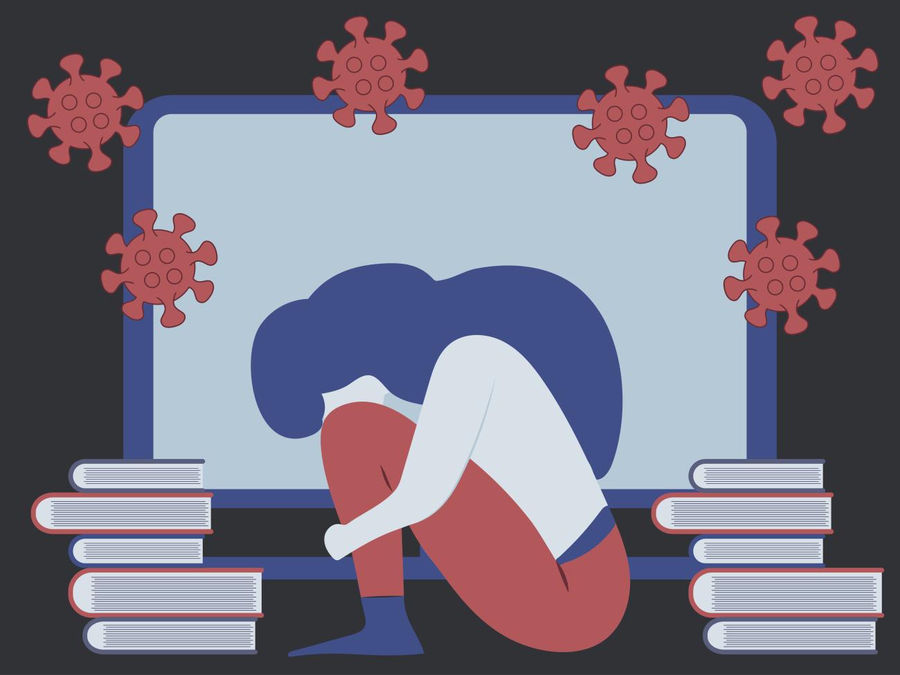Illustration of women hugging her knees in front of computer surrounded by virus.