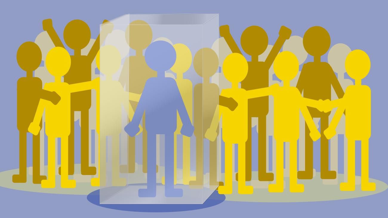 Illustration of autistic child's silhouette in a box surrounded by happy neurotypical kids