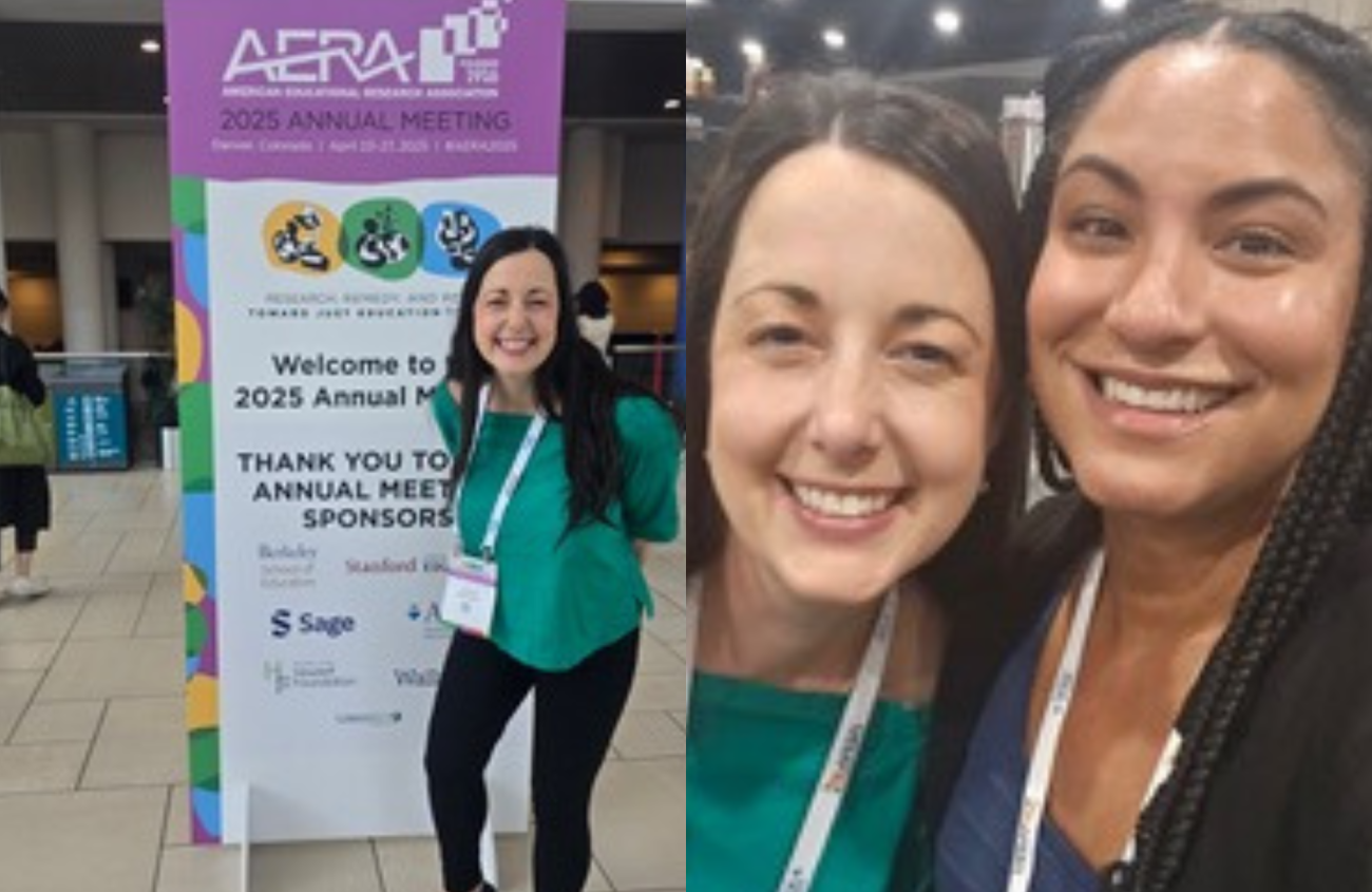 Jane Weiss poses with a poster at AERA (left) and then again with Rachel Salia, a PhD student studying international comparative education at the GSE.
