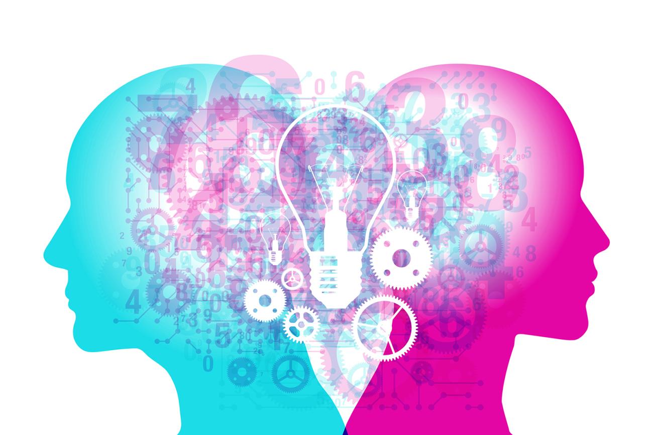 illustration of silhouettes with lightbulb and gears